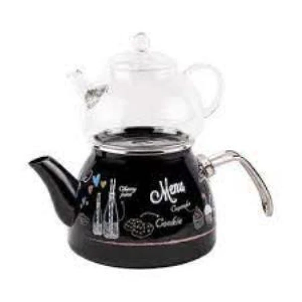 Tantitoni LOVE MENU CAM DEMLİKLİ EMAYE ÇAYDANLIK TAKIMI 980ML/2200ML ürün görseli 1
