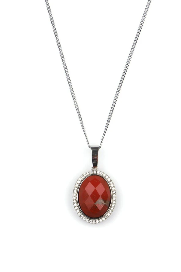 Red Jasper Doğal Taş Gümüş Renkli Kolye ürün görseli 1