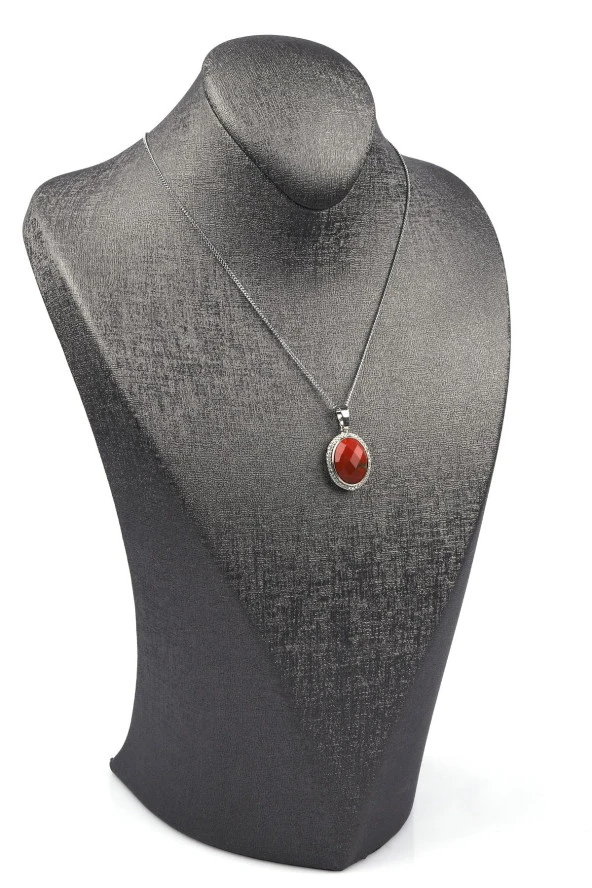 Red Jasper Doğal Taş Gümüş Renkli Kolye - Resim 2