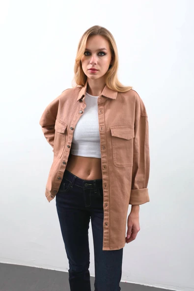 Kadın Oversize Jean Gömlek Bej - Resim 6