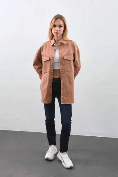 Kadın Oversize Jean Gömlek Bej - Resim 5