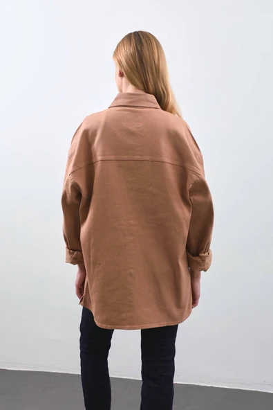 Kadın Oversize Jean Gömlek Bej - Resim 8