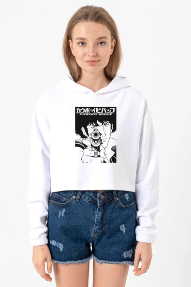 Cowboy Bebop Spike See You Space Cowboy Beyaz Optik Kadın Crop Kapşonlu ürün görseli 1