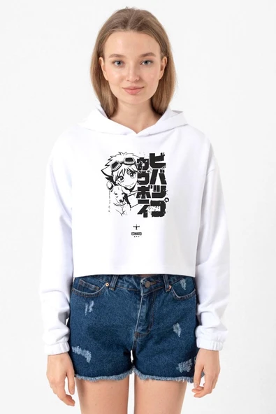 Cowboy Bebop Vintage Ein and Ed Beyaz Optik Kadın Crop Kapşonlu ürün görseli 1