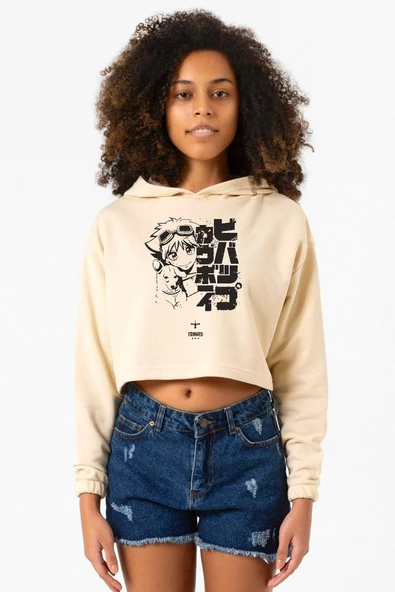 Cowboy Bebop Vintage Ein and Ed Bej Kadın Crop Kapşonlu ürün görseli 1