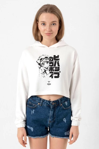 Cowboy Bebop Vintage Ein and Ed Ekru Kadın Crop Kapşonlu ürün görseli 1
