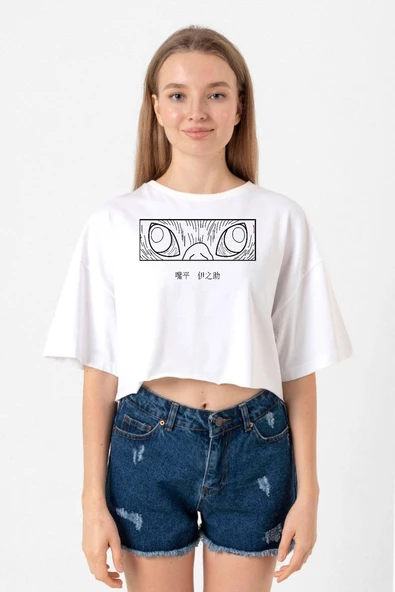 Demon Slayer Anime Inosuke Hashibira Eyes Beyaz Kadın Crop Tshirt ürün görseli 1