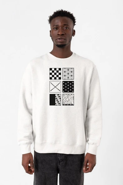 Demon Slayer Anime Patterns Beyaz Erkek 2ip Sweatshirt ürün görseli 1