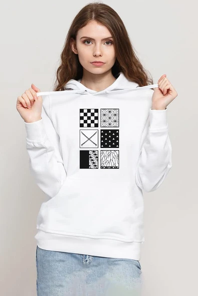 Demon Slayer Anime Patterns Beyaz Kadın 3ip Kapşonlu Sweatshirt ürün görseli 1