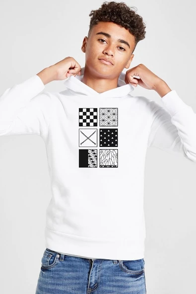 Demon Slayer Anime Patterns Beyaz Çocuk 3ip Kapşonlu  Sweatshirt ürün görseli 1