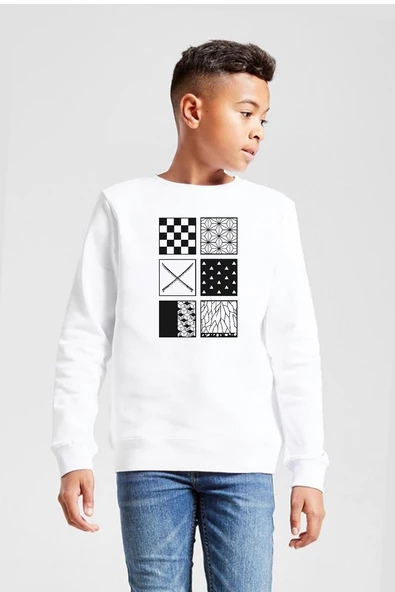 Demon Slayer Anime Patterns Beyaz Çocuk 2ip Sweatshirt ürün görseli 1