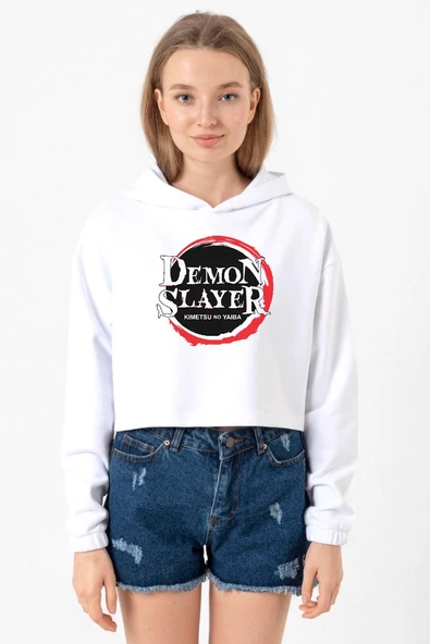 Demon Slayer Anime Squad Demon Slayer Kimetsu No Yaiba Beyaz Optik Kadın Crop Kapşonlu ürün görseli 1
