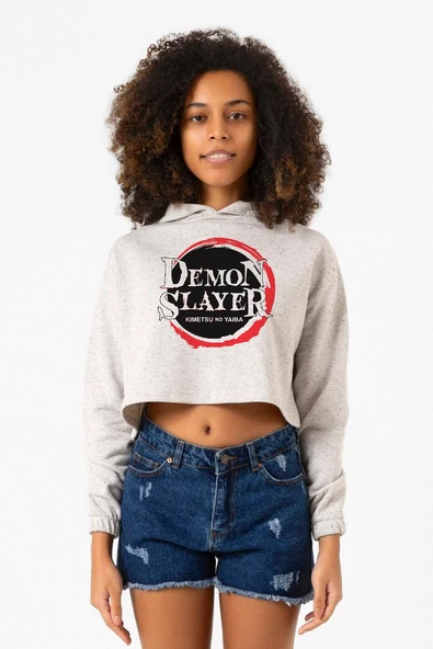 Demon Slayer Anime Squad Demon Slayer Kimetsu No Yaiba Beyaz Kırçıllı Kadın Crop Kapşonlu ürün görseli 1