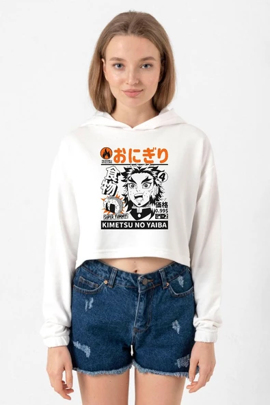 Demon Slayer Anime Super Yummy Ekru Kadın Crop Kapşonlu ürün görseli 1
