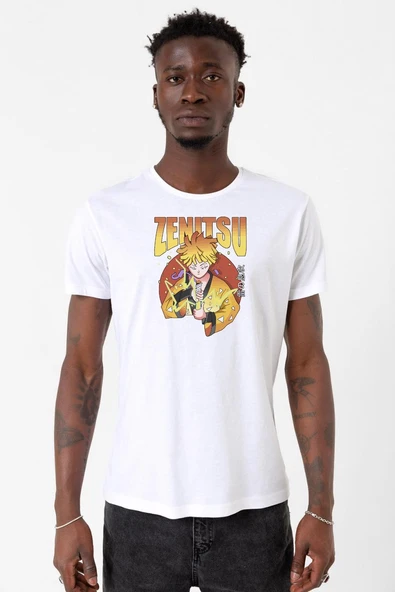 Demon Slayer Anime Zenitsu Poster Beyaz Erkek Bisikletyaka Tshirt ürün görseli 1