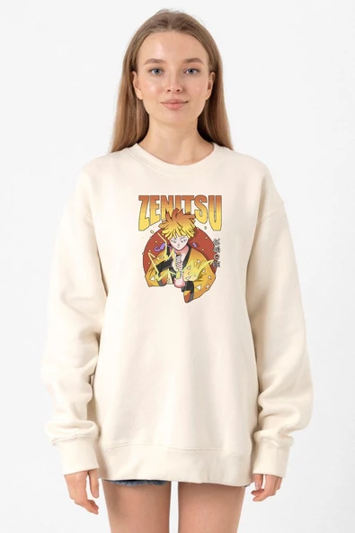 Demon Slayer Anime Zenitsu Poster Ekru Kadın 2ip Sweatshirt ürün görseli 1