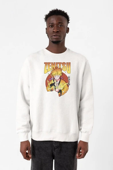 Demon Slayer Anime Zenitsu Poster Beyaz Erkek 2ip Sweatshirt ürün görseli 1
