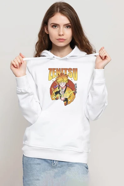 Demon Slayer Anime Zenitsu Poster Beyaz Kadın 3ip Kapşonlu Sweatshirt ürün görseli 1