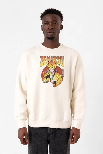 Demon Slayer Anime Zenitsu Poster Ekru Erkek 2ip Sweatshirt ürün görseli 1