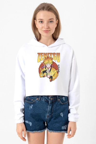 Demon Slayer Anime Zenitsu Poster Beyaz Optik Kadın Crop Kapşonlu ürün görseli 1