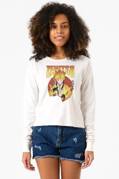 Demon Slayer Anime Zenitsu Poster Ekstra Uzunkol Sweatshirt Ekru ürün görseli 1