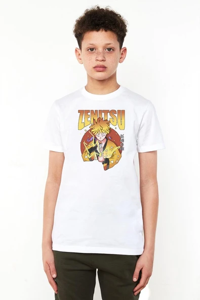 Demon Slayer Anime Zenitsu Poster Beyaz Çocuk Bisikletyaka Tshirt ürün görseli 1