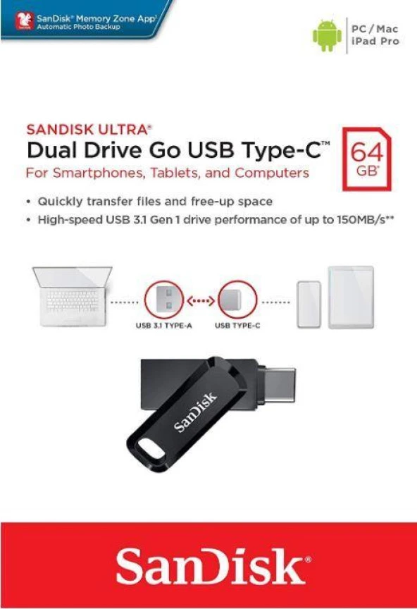 Sandisk 64GB Ultra Dual Drive Go USB Type-C Flash Drive SDDDC3-064G-G46 ürün görseli 1