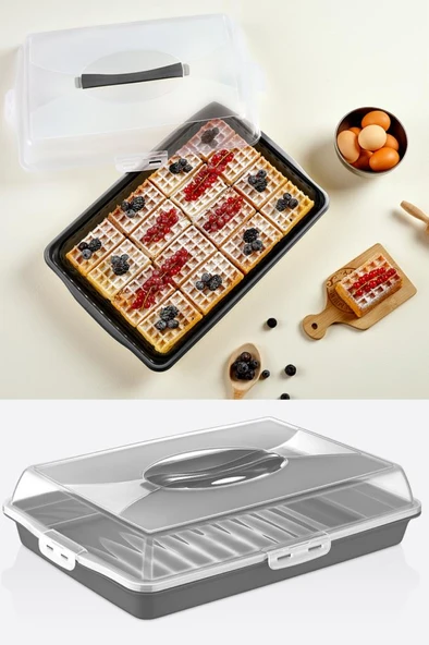 Flosoft Dikdörtgen Kek Pasta Börek Saklama Kabı, Kilitli Borcam Taşıma Kabı Büyük Boy 45cm Siyah ürün görseli 1