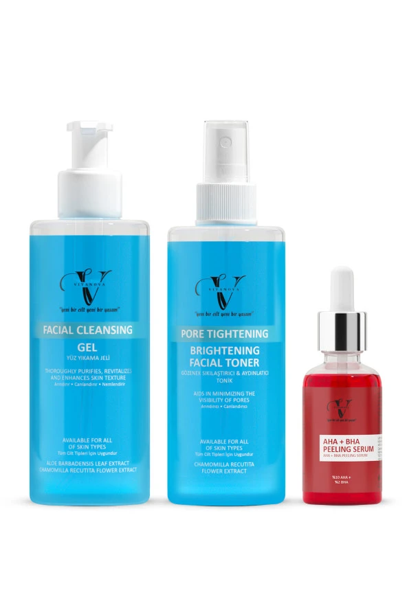 Vitanova 3 lü Cilt Bakım Seti Yüz Temizleme Jeli + Tonik + AHA+BHA Peeling Serum ürün görseli 1