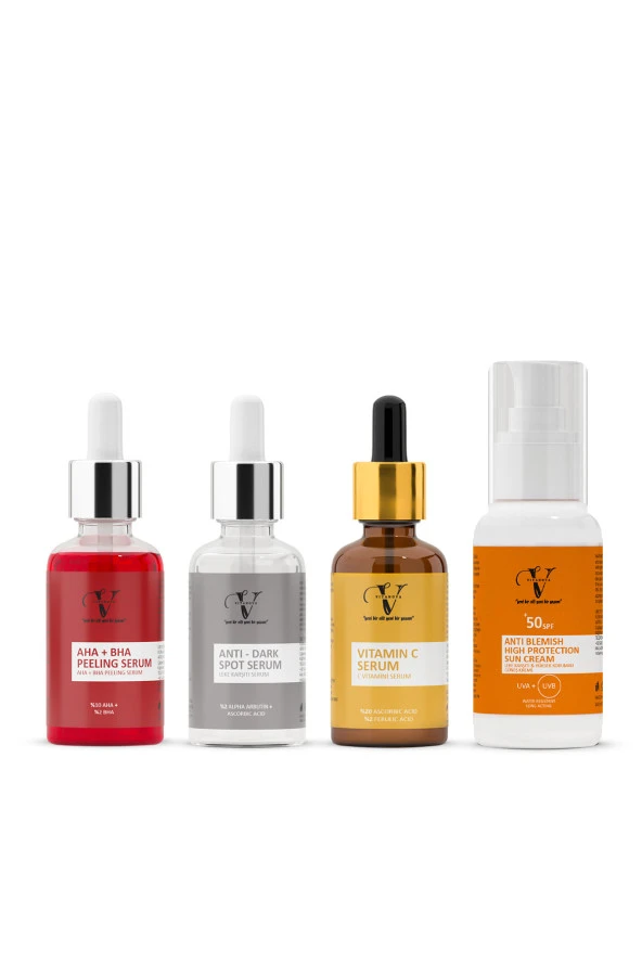 Vitanova AHA+BHA Peeling Serum + Leke Karşıtı Serum + Vitamin C Serum + Güneş Kremi (4 lü Vitanova Set) ürün görseli 1