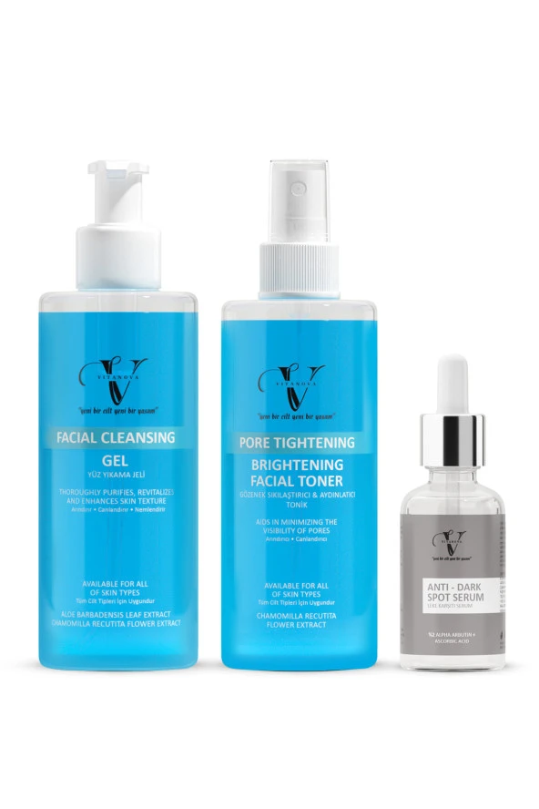 Vitanova 3 lü Cilt Bakım Seti Yüz Temizleme Jeli + Tonik + Leke Karşıtı Serum ürün görseli 1