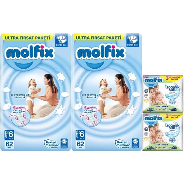 Molfix Bebek Bezi 6 Beden 15+ KG Extra Large 124 Adet Ekonomik Ultra Fırsat Pk+6 Adet Islak Mendil ürün görseli 1