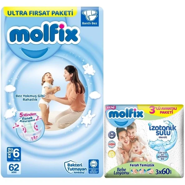Molfix Bebek Bezi 6 Beden 15+ KG Extra Large 62 Adet Ultra Fırsat Pk+3 Adet Islak Mendil ürün görseli 1