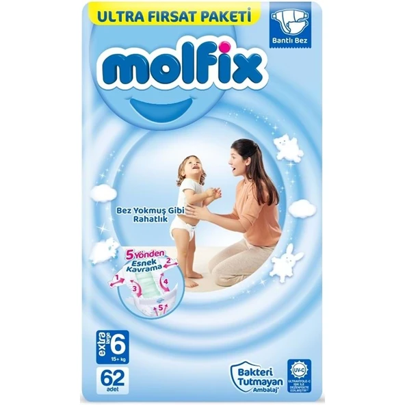 Molfix Bebek Bezi 6 Beden 15+ KG Extra Large 62 Adet Ultra Fırsat Pk ürün görseli 1