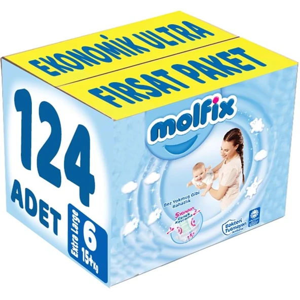 Molfix Bebek Bezi 6 Beden 15+ KG Extra Large 124 Adet Ekonomik Ultra Fırsat Pk ürün görseli 1