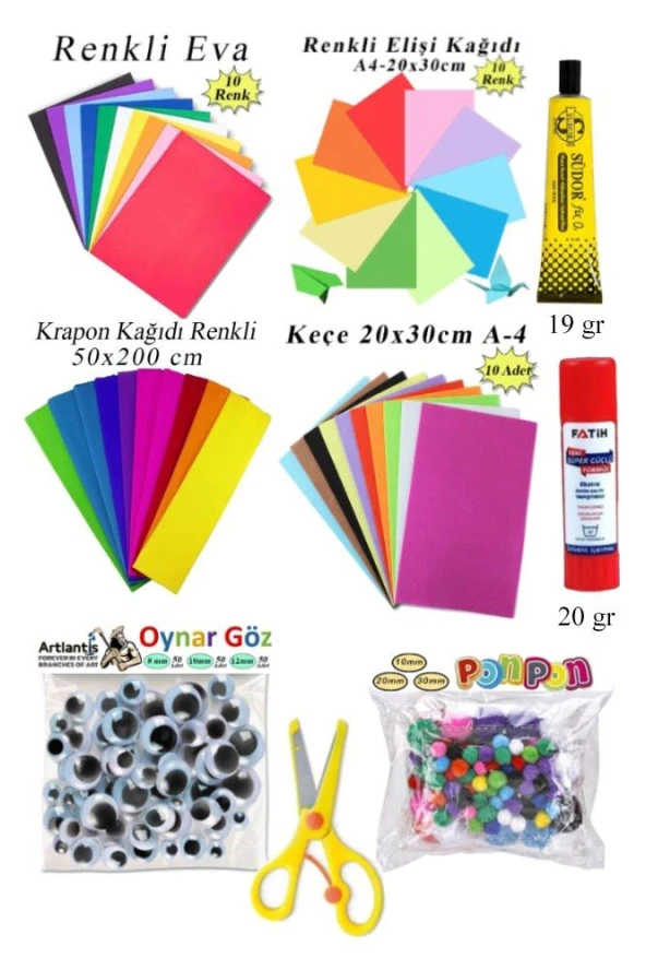 Anaokulu Etkinlik Seti 9 lu 1 Paket Okul Öncesi Gelişim Seti Eva Keçe Oynar Göz Krapon Ponpon Elişi Kağıdı ürün görseli 1