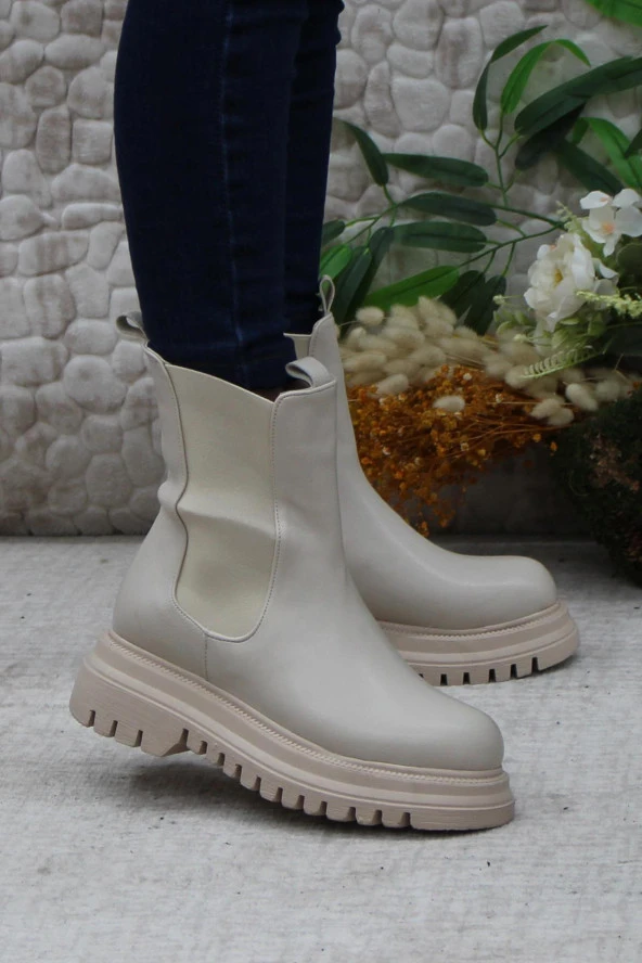 Mehmet Mete 351028 Bej Fashion Yiğimi Lastikli Sıcak Astar Kadın Bot ürün görseli 1