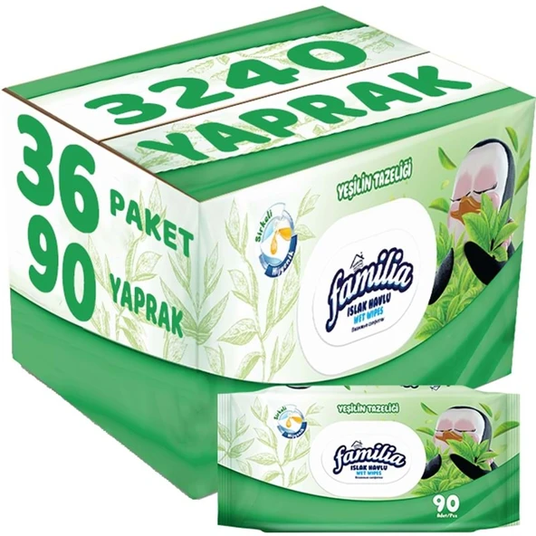 Familia Islak Havlu Mendil Yeşilin Tazeliği 90 Yaprak Plastik Kapaklı 36 Lı Set 3240 Yaprak ürün görseli 1