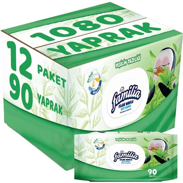 Familia Islak Havlu Mendil Yeşilin Tazeliği 90 Yaprak Plastik Kapaklı 12 Li Set 1080 Yaprak ürün görseli 1