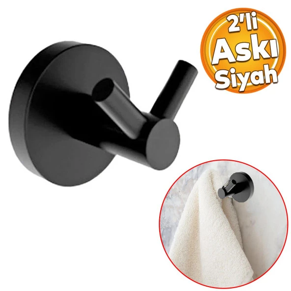 Siyah Renk Metal Sağlam Banyo Lavabo 2li Askılık Aparat Bornoz Havlu Asma Askı Vidalı ürün görseli 1