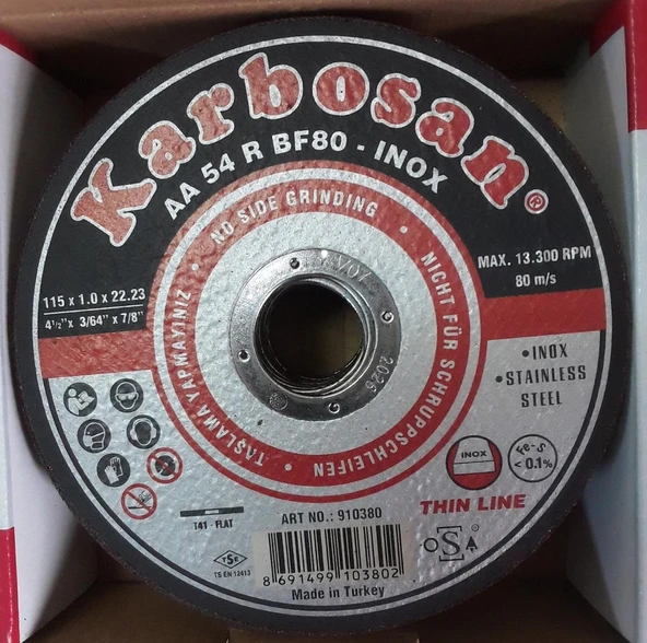 Karbosan Çelik Kesme Taşı Thinline 115 x 1.0 x 22 AA 54 R BF80 INOX - 1 Adet ürün görseli 1