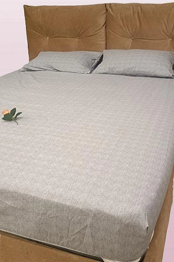 Çarşaf 90298 Fıtted Çift Kişi Keten Tarzı Pamuk Kumaş 2Yastık Kılıflı açık Gri ürün görseli 1