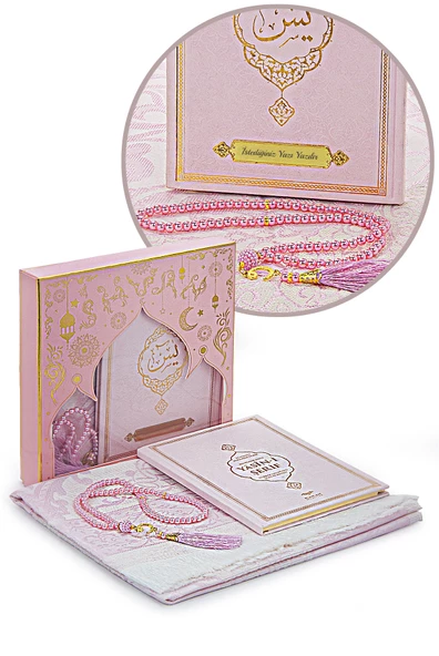 Pembe Çeyizlik Seccade Seti Gelin Bohçasına Uygun Dini Hediyelik İsme Özel Yasin Kitabı ürün görseli 1