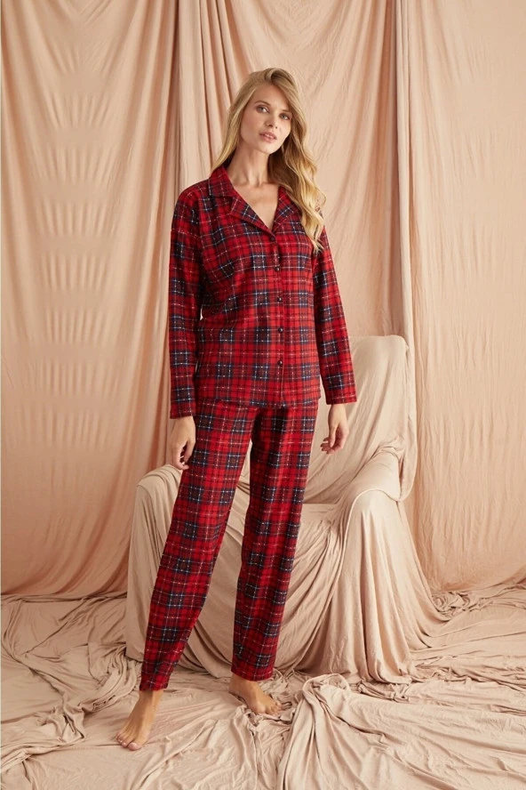 Ekose Süet Düğmeli Uzun Kol Pijama Takımı ürün görseli 1