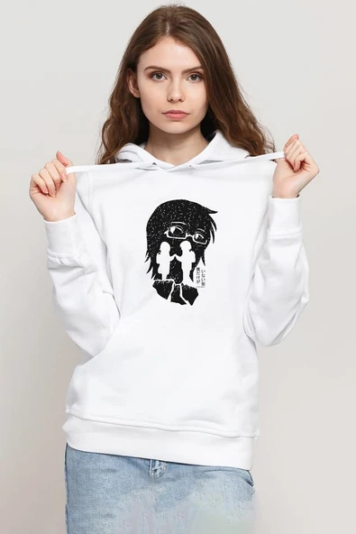 Erased Anime Black White Silhoette Beyaz Kadın 3ip Kapşonlu Sweatshirt ürün görseli 1