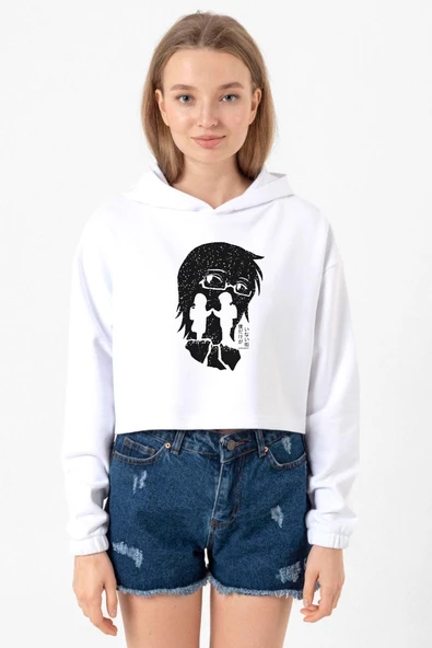 Erased Anime Black White Silhoette Beyaz Optik Kadın Crop Kapşonlu ürün görseli 1