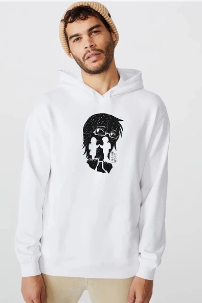 Erased Anime Black White Silhoette Beyaz Erkek 3ip Kapşonlu  Sweatshirt ürün görseli 1