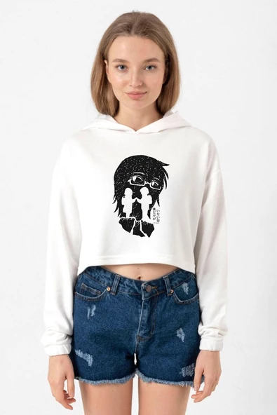 Erased Anime Black White Silhoette Ekru Kadın Crop Kapşonlu ürün görseli 1