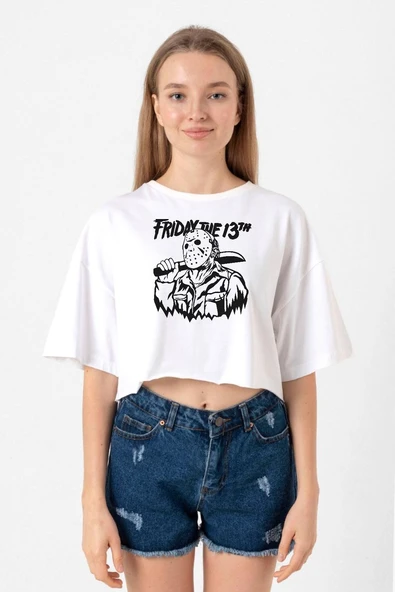 Friday The 13th Halloween Beyaz Kadın Crop Tshirt ürün görseli 1