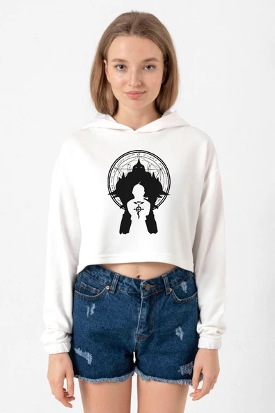 Fullmetal Alchemist Anime Logo Ekru Kadın Crop Kapşonlu ürün görseli 1